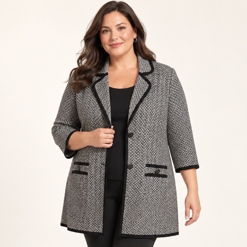 Ming Wang Black White Textured Knit Button-Up Jacket Notch Lapel 2X 3/4 Sleebe